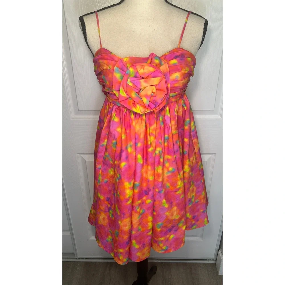 AMUR Camreigh Flower Mini Dress Size 2 Pink Watercolor Wedding Guest Colorful - Picture 2 of 8